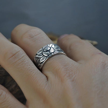 Bague Lotus en argent unisexe ajustable